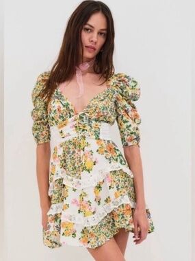 For Love & Lemons Floral Lace Tiered Mini Dress – Size M